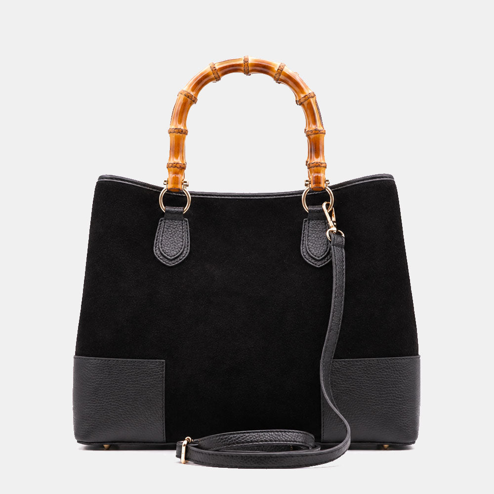 Borsa Grande a Mano VIAVERDI in Camoscio e Pelle Nera Made in Italy linea Volterra