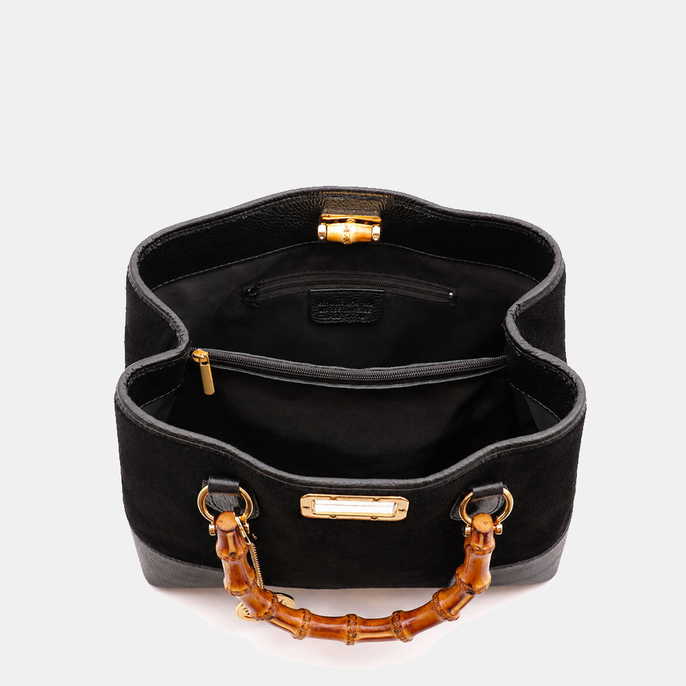 Borsa Grande a Mano VIAVERDI in Camoscio e Pelle Nera Made in Italy linea Volterra