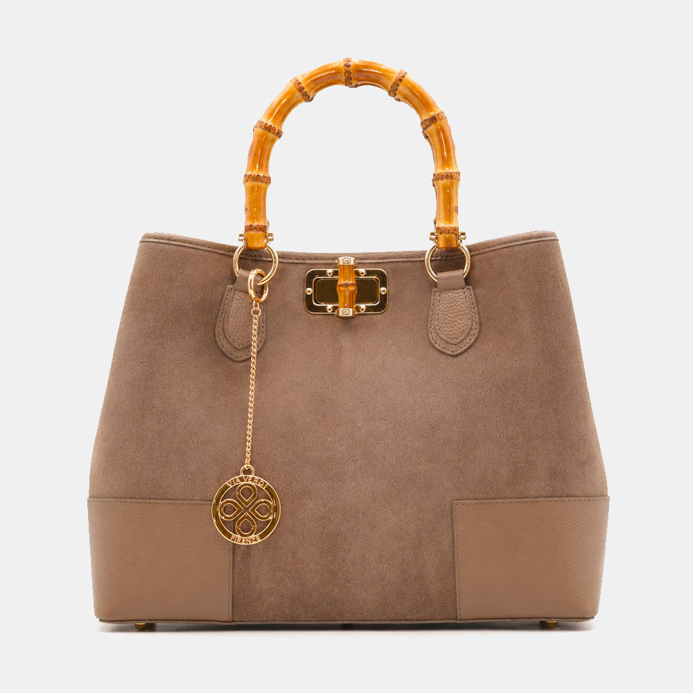 Handtasche ViaVerdi Volterra groß aus Wildleder und Taupe Leder mit Bambushenkeln Made in Italy
