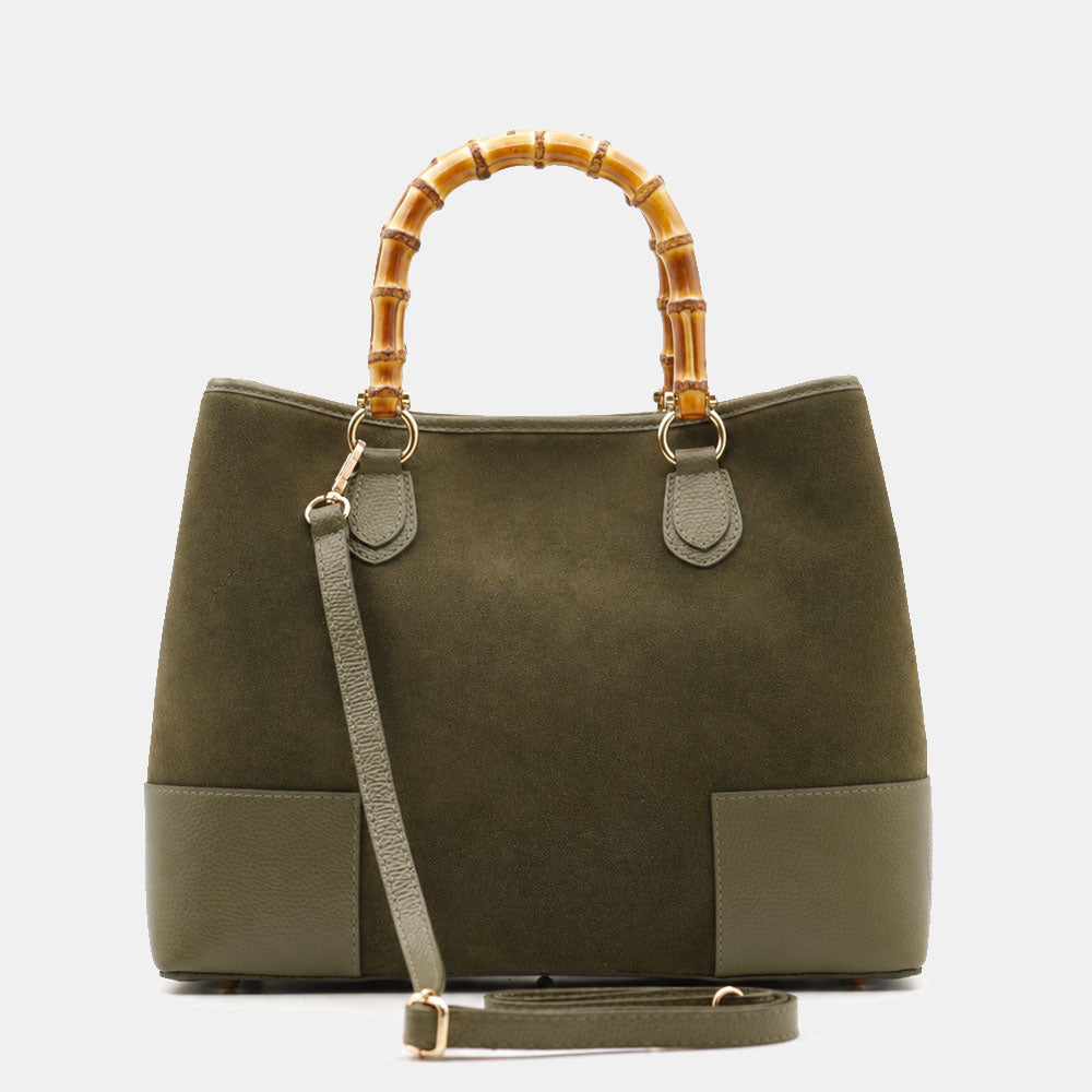 Borsa Grande a Mano VIAVERDI in Camoscio e Pelle Verde Made in Italy linea Volterra