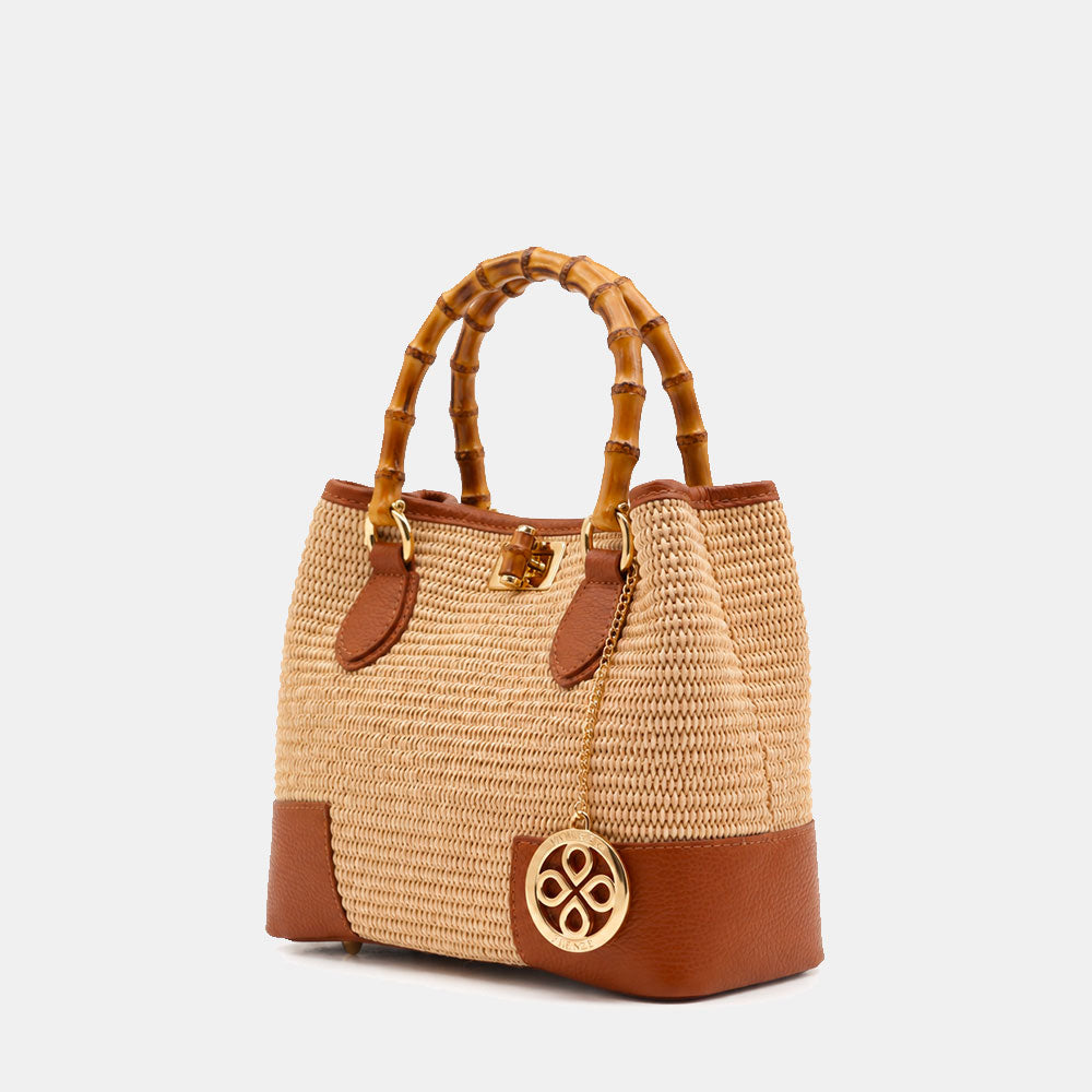 Borsa Piccola a Mano VIAVERDI in Rafia e Pelle color Cuoio Made in Italy linea Volterra