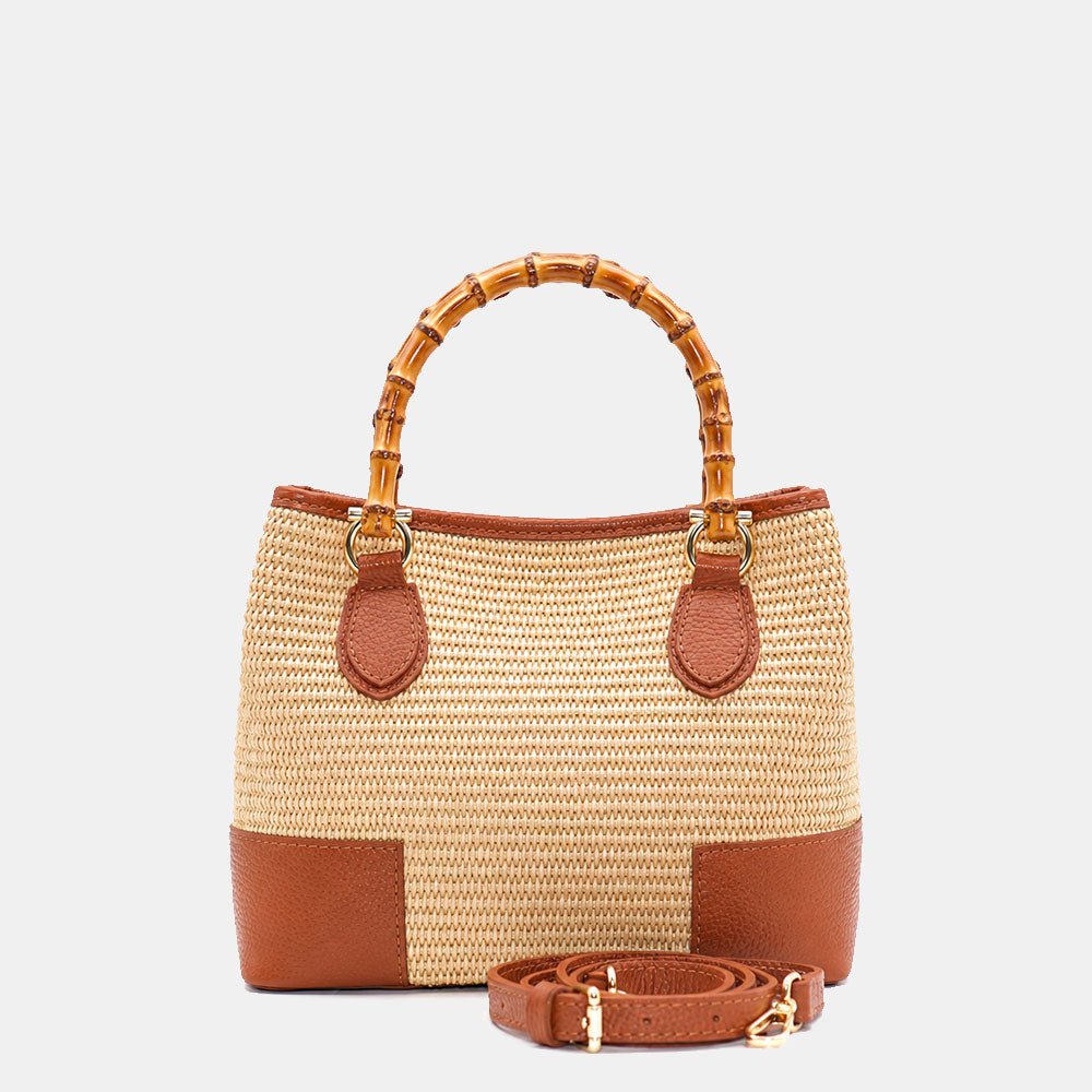 Borsa Piccola a Mano VIAVERDI in Rafia e Pelle color Cuoio Made in Italy linea Volterra