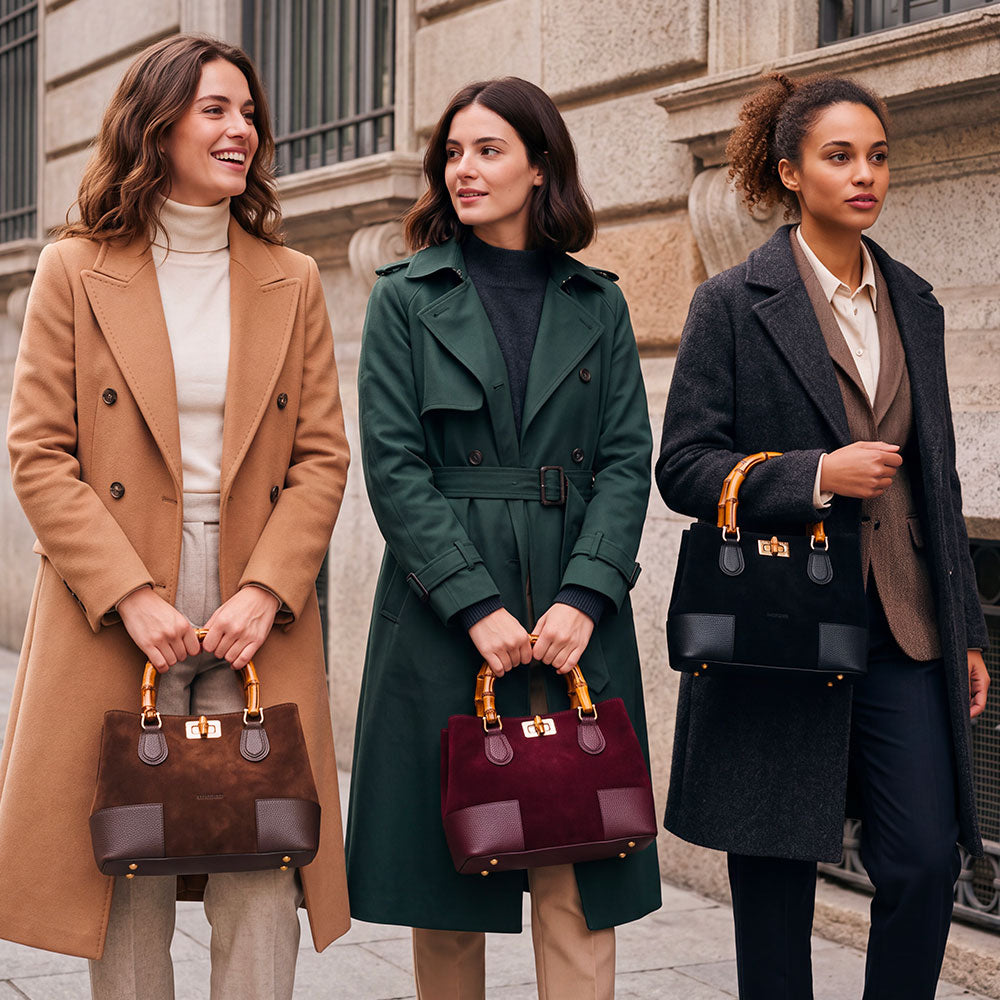 Handtasche ViaVerdi klein aus Wildleder und Bordeaux-Leder Made in Italy – Linie Volterra
