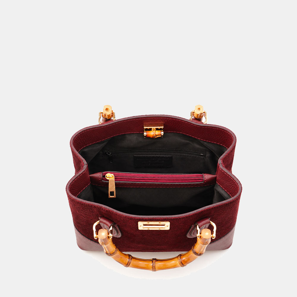 Borsa Piccola a Mano VIAVERDI in Camoscio e Pelle Bordeaux Made in Italy linea Volterra