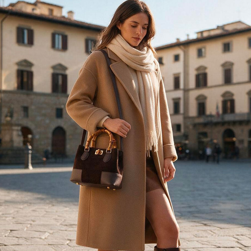 Handtasche ViaVerdi klein aus Wildleder und Bordeaux-Leder Made in Italy – Linie Volterra
