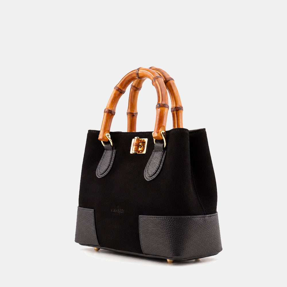 Borsa Piccola a Mano VIAVERDI in Camoscio e Pelle Nera Made in Italy linea Volterra