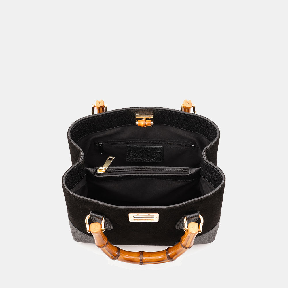 Borsa Piccola a Mano VIAVERDI in Camoscio e Pelle Nera Made in Italy linea Volterra