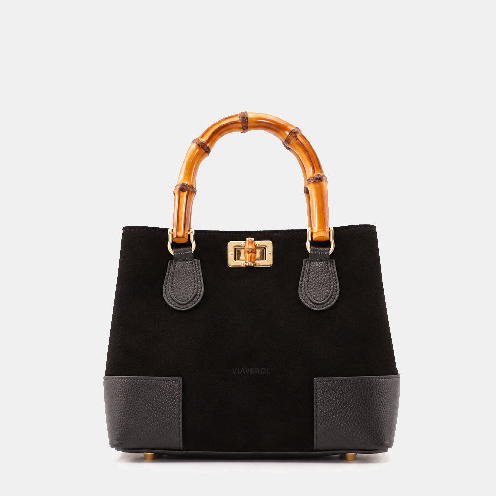 Borsa Piccola a Mano VIAVERDI in Camoscio e Pelle Nera Made in Italy linea Volterra
