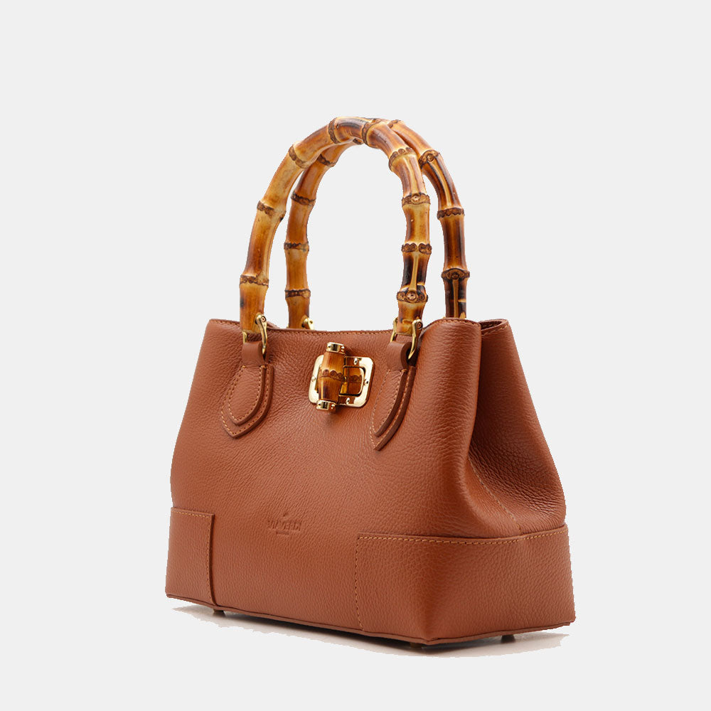 Borsa Piccola a Mano VIAVERDI in Pelle color Cuoio Scuro Made in Italy linea Volterra