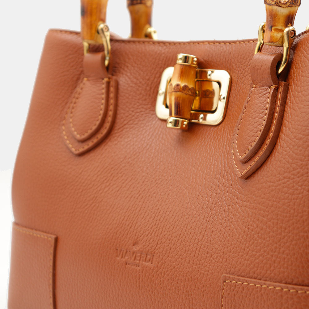 Borsa Piccola a Mano VIAVERDI in Pelle color Cuoio Scuro Made in Italy linea Volterra