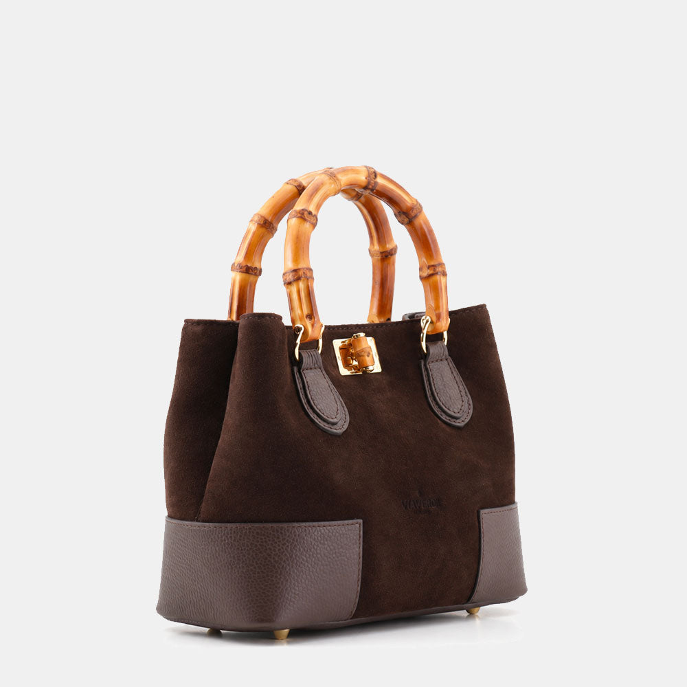 Borsa Piccola a Mano VIAVERDI in Camoscio e Pelle Marrone Testa di Moro Made in Italy linea Volterra