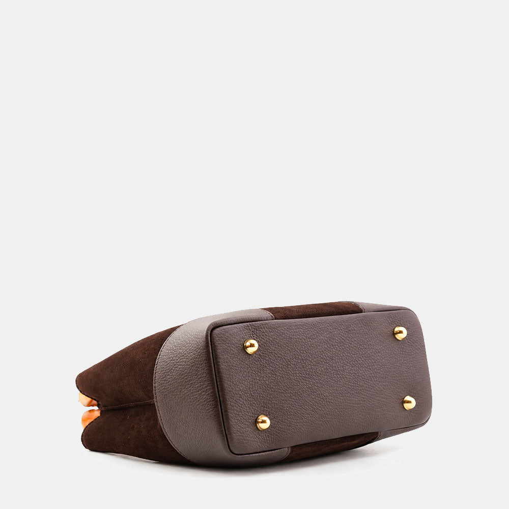 Borsa Piccola a Mano VIAVERDI in Camoscio e Pelle Marrone Testa di Moro Made in Italy linea Volterra