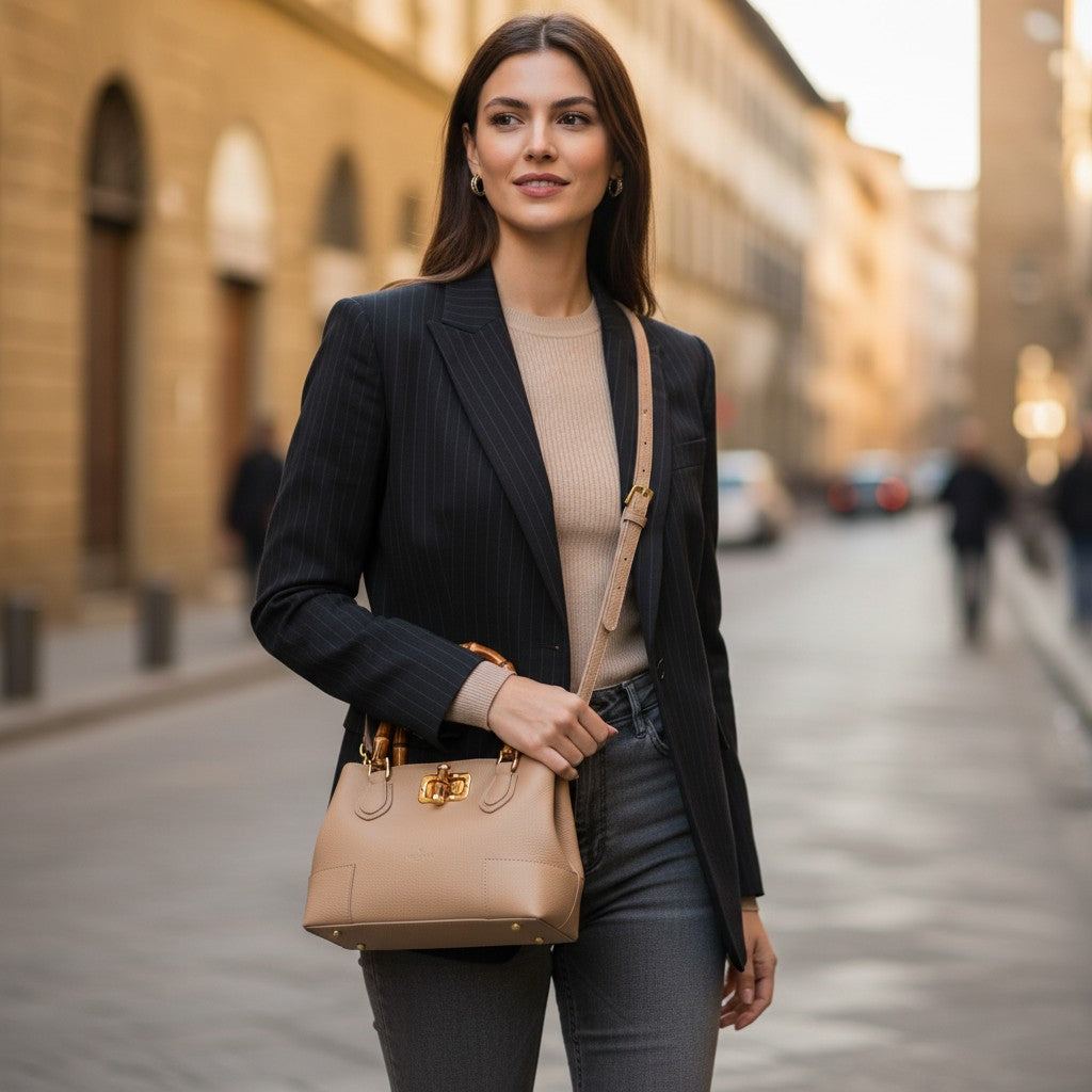 Handtasche Klein ViaVerdi aus Beige Leder Made in Italy – Linie Volterra