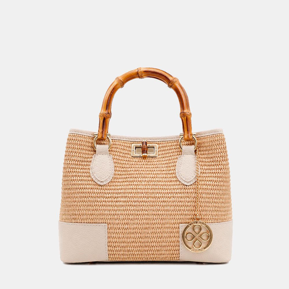 Borsa Piccola a Mano VIAVERDI in Rafia e Pelle Beige Made in Italy linea Volterra