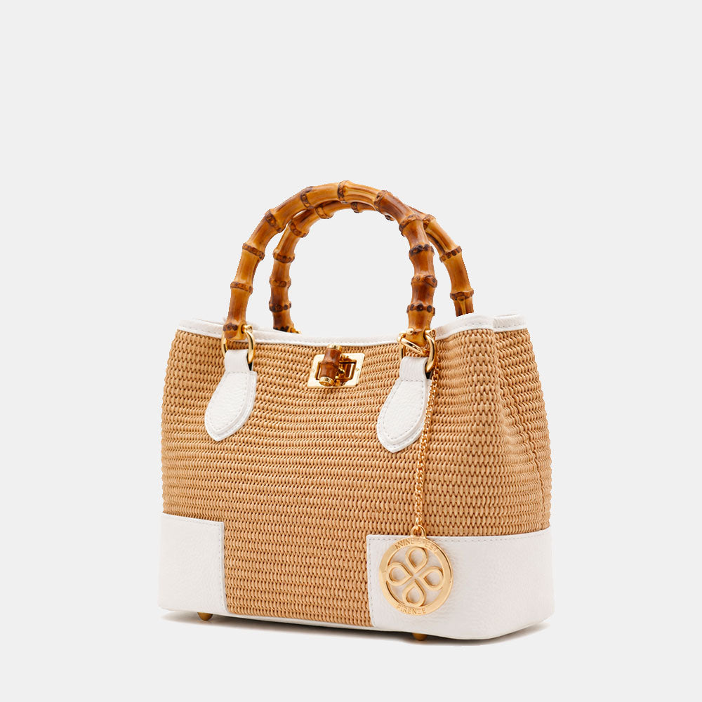 Borsa Piccola a Mano VIAVERDI in Rafia e Pelle Bianca Made in Italy linea Volterra