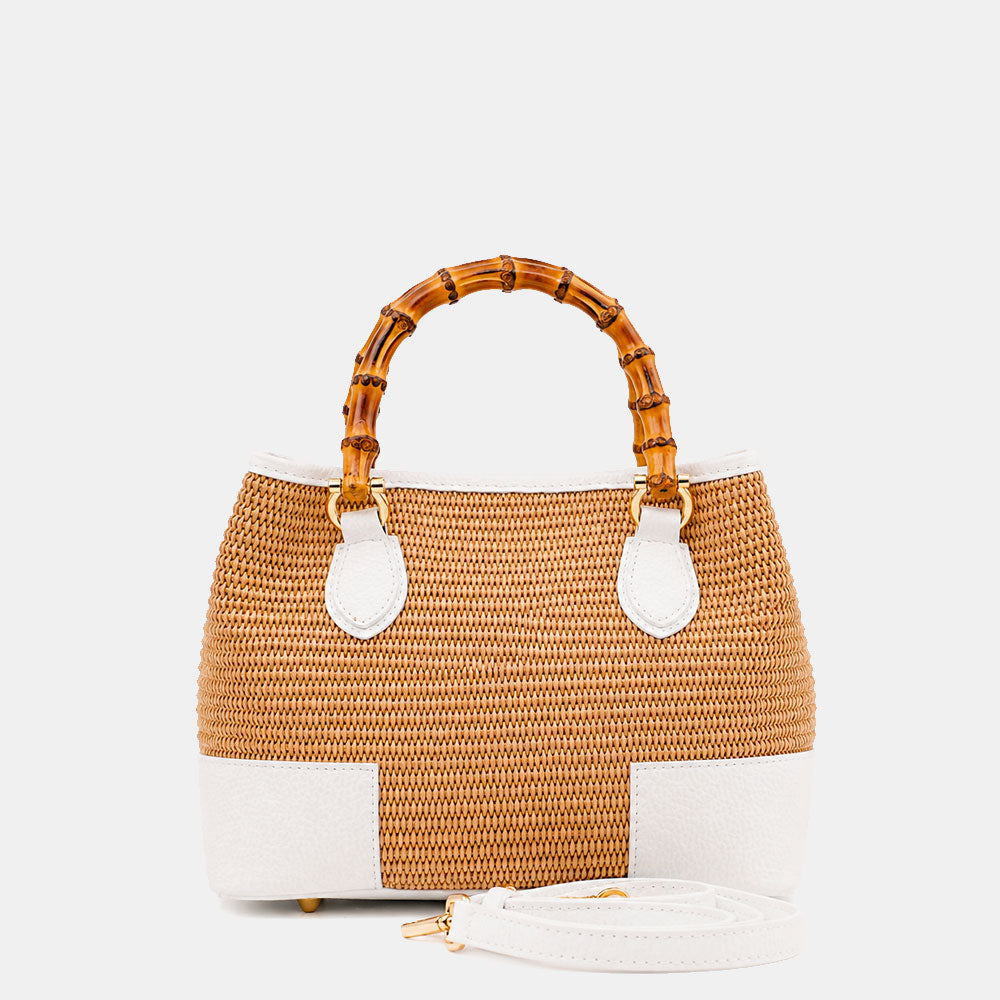 Borsa Piccola a Mano VIAVERDI in Rafia e Pelle Bianca Made in Italy linea Volterra