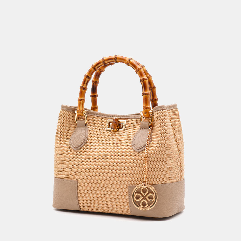 Borsa Piccola a Mano VIAVERDI in Rafia e Pelle Taupe Made in Italy linea Volterra