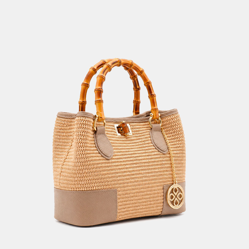 Borsa Piccola a Mano VIAVERDI in Rafia e Pelle Taupe Made in Italy linea Volterra