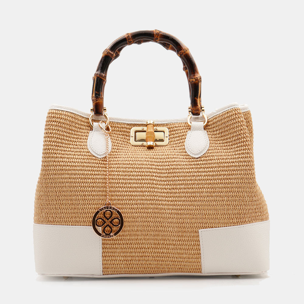 Borsa Grande a Mano VIAVERDI in Rafia e Pelle Bianca Made in Italy linea Volterra