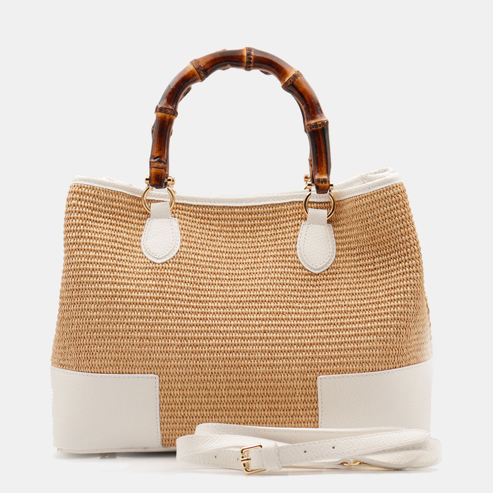 Borsa Grande a Mano VIAVERDI in Rafia e Pelle Bianca Made in Italy linea Volterra