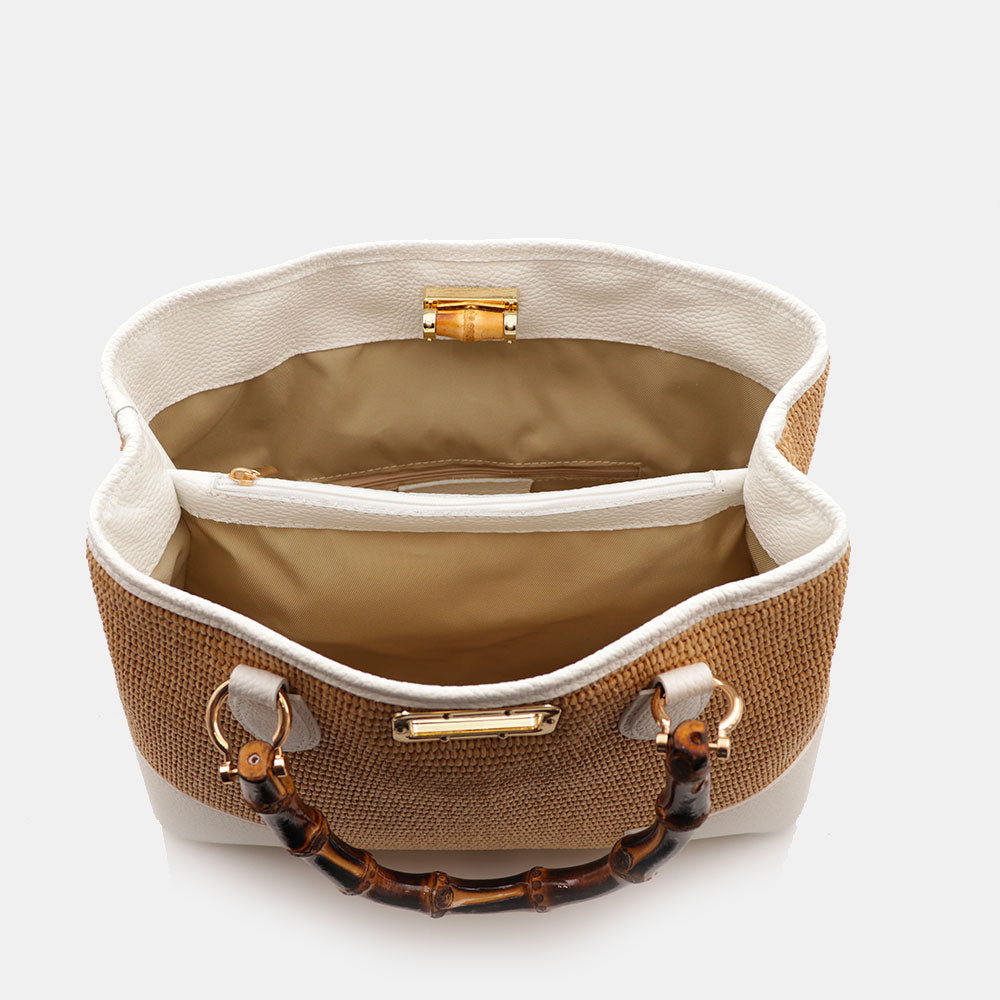Borsa Grande a Mano VIAVERDI in Rafia e Pelle Bianca Made in Italy linea Volterra
