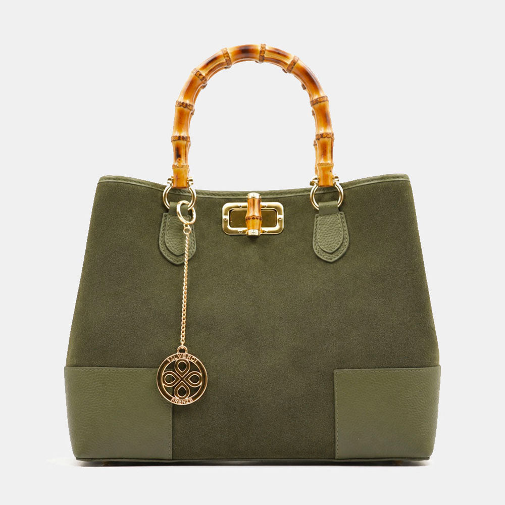 Borsa Grande a Mano VIAVERDI in Camoscio e Pelle Verde Made in Italy linea Volterra