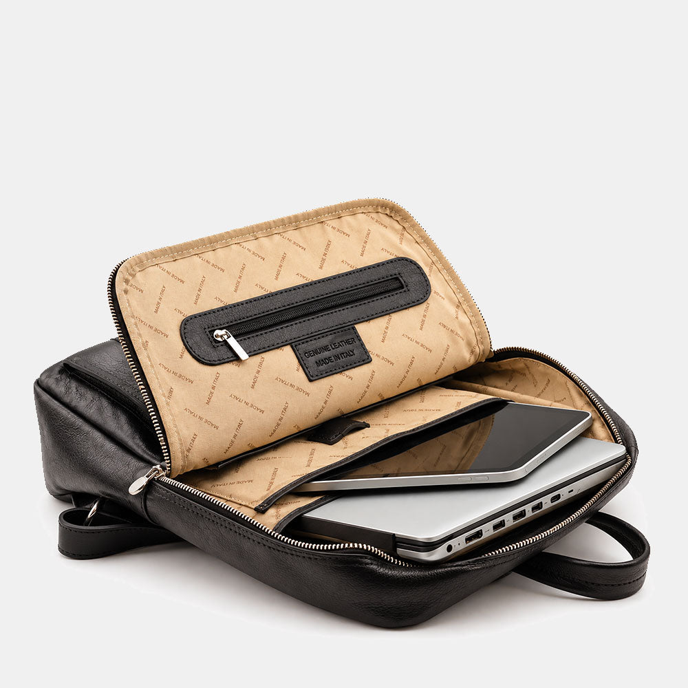 Sac à dos en cuir noir ViaVerdi, Made in Italy – ordinateur 15,6" – ligne Firenze