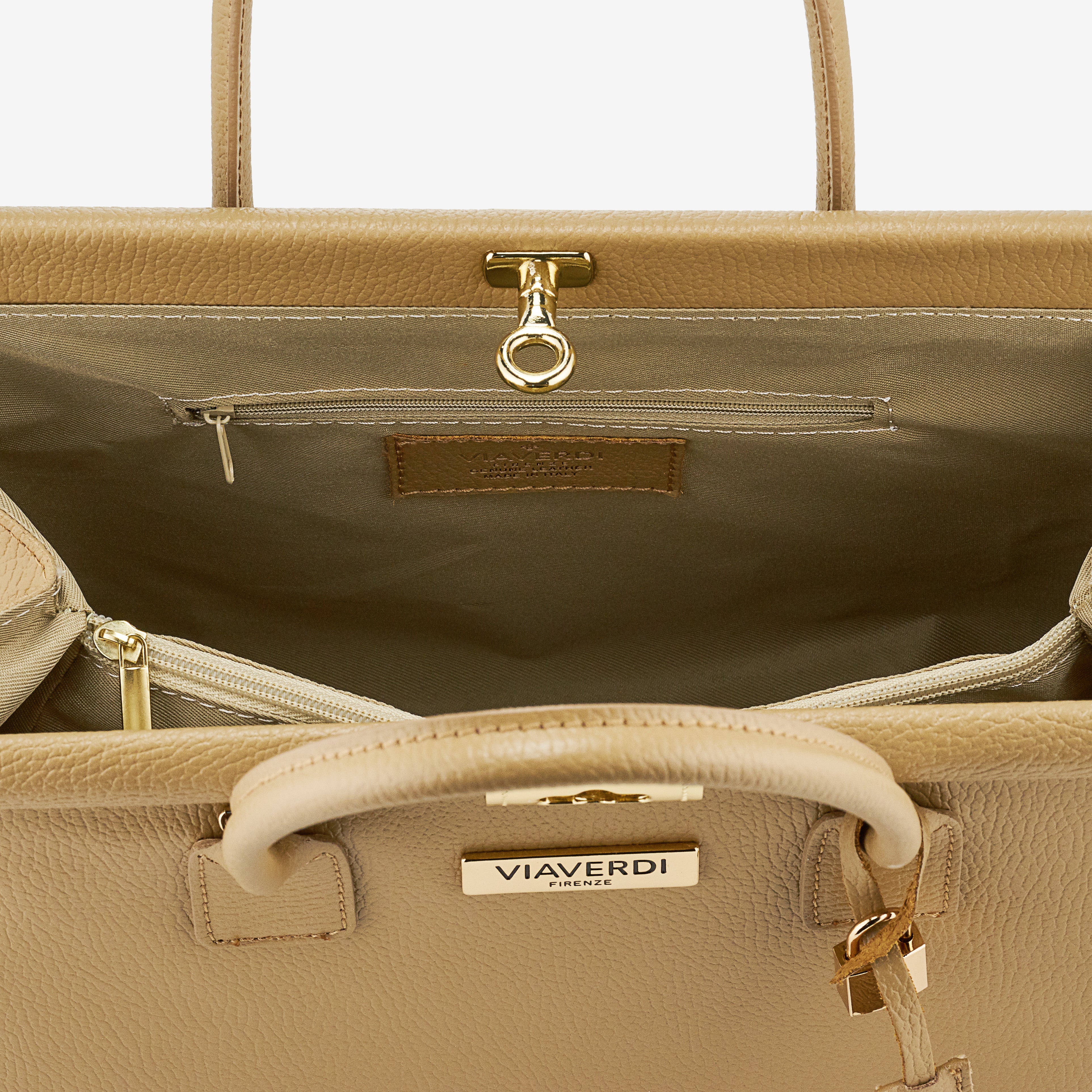 Borsa a Mano con Tracolla VIAVERDI in Pelle color Nocciola Made in Italy