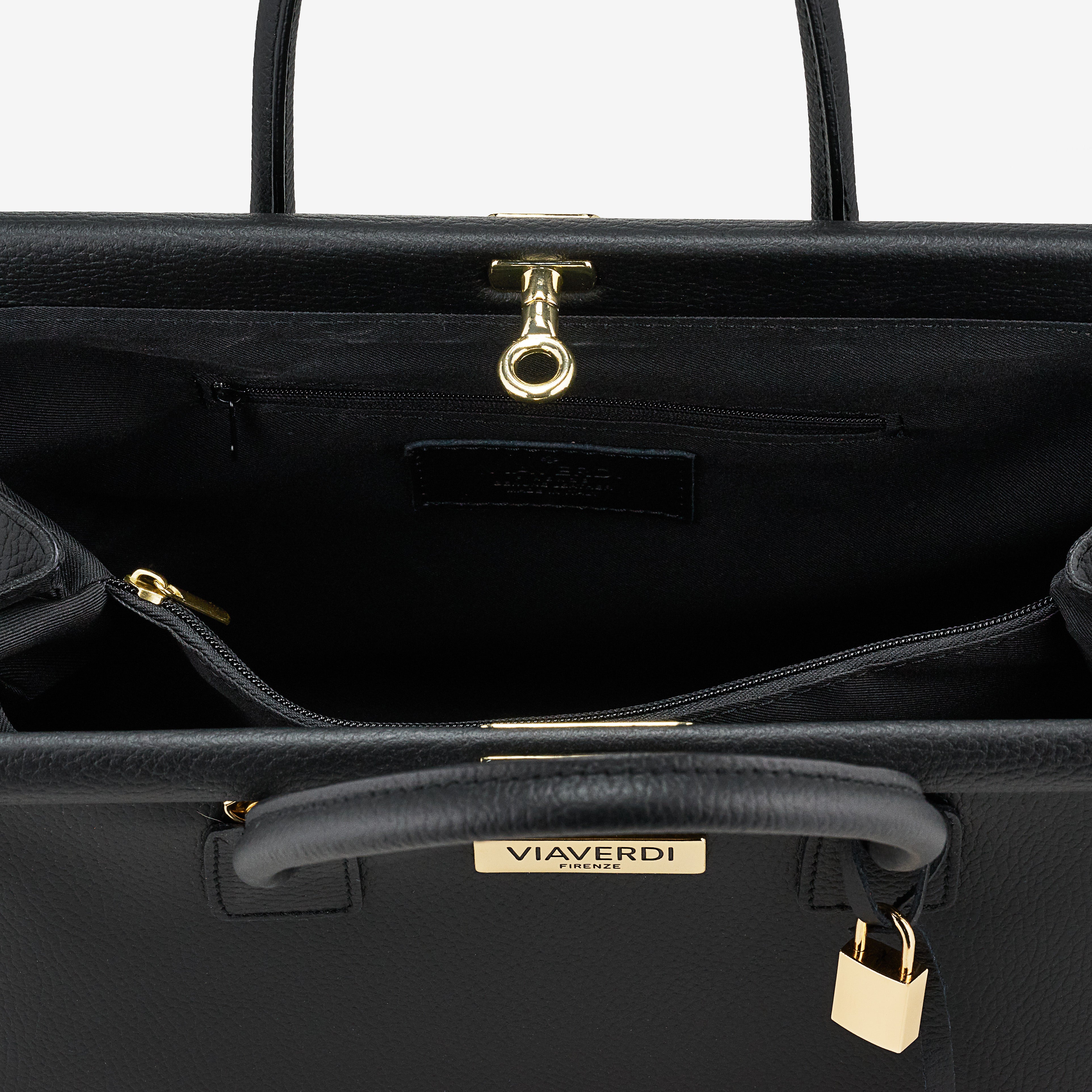 Borsa a Mano con Tracolla VIAVERDI in Pelle Nera Made in Italy