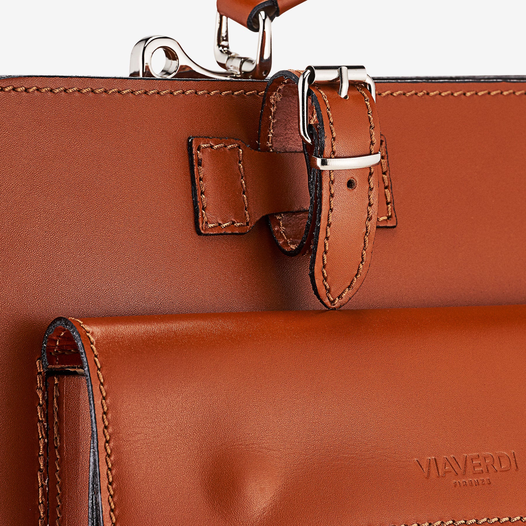 VIAVERDI Tan Leather Work Bag Made in Italy - Umbrella Holder and 15.6 Laptop