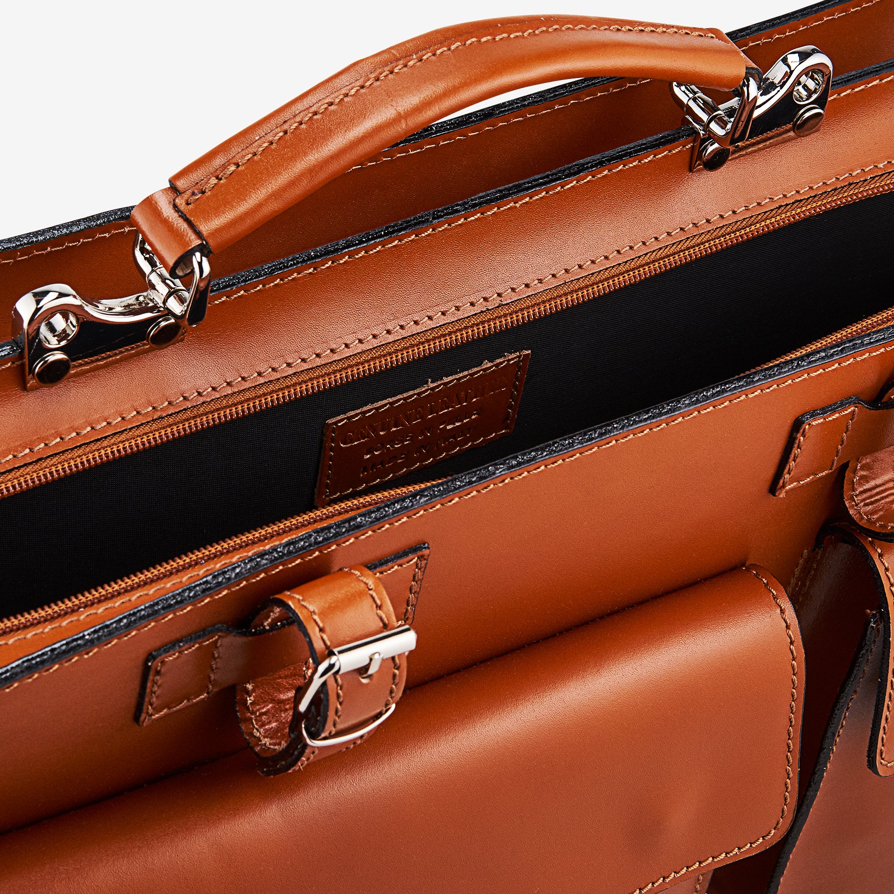 VIAVERDI Tan Leather Work Bag Made in Italy - Umbrella Holder and 15.6 Laptop