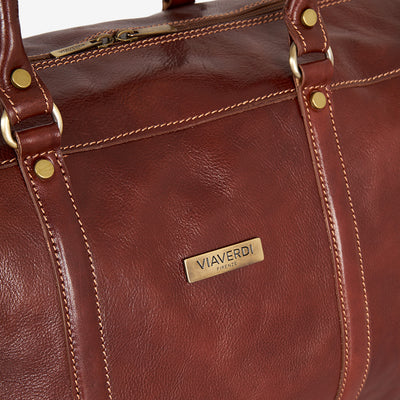 VIAVERDI Brown Leather Duffle Bag Made in Italy 
