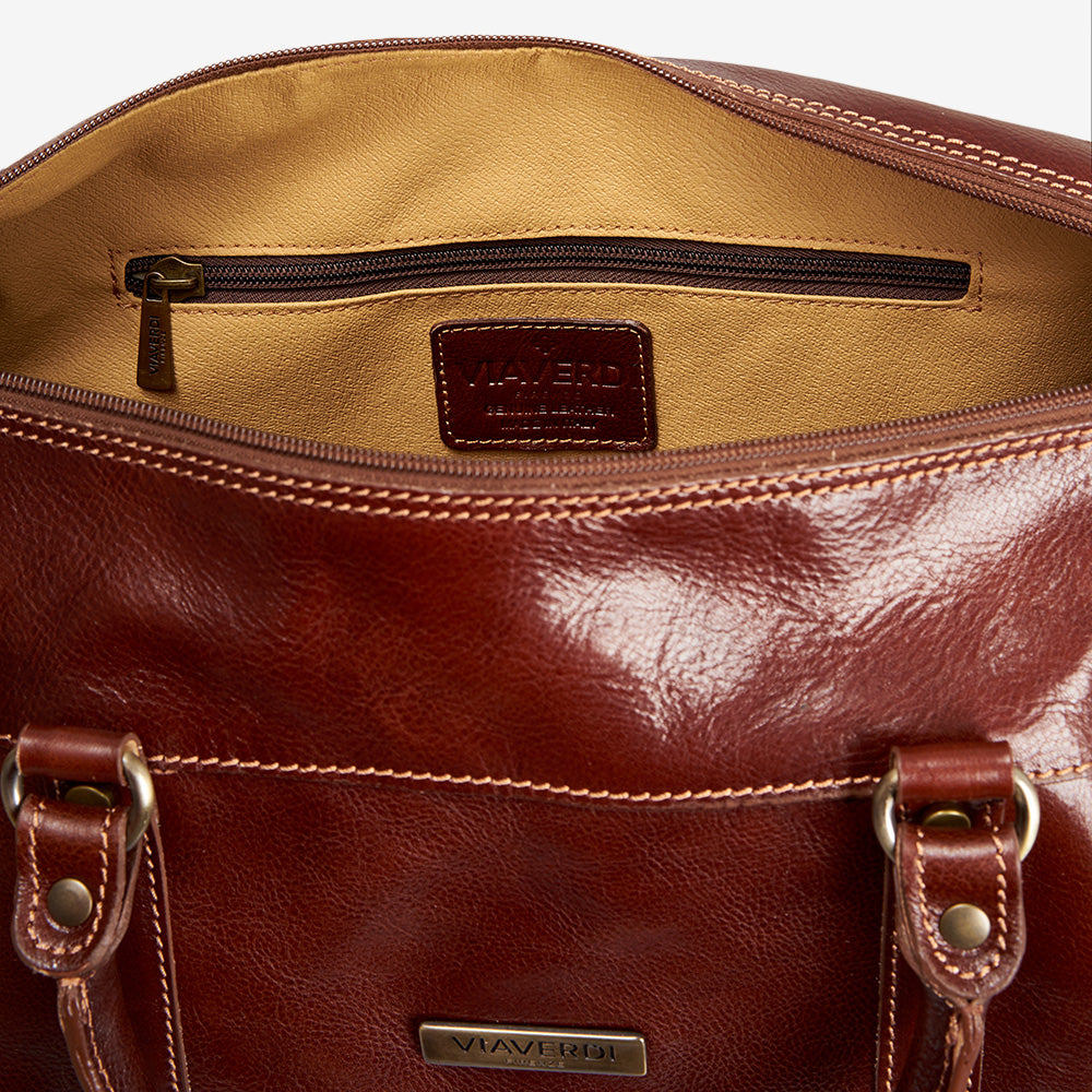 VIAVERDI Brown Leather Duffle Bag Made in Italy 