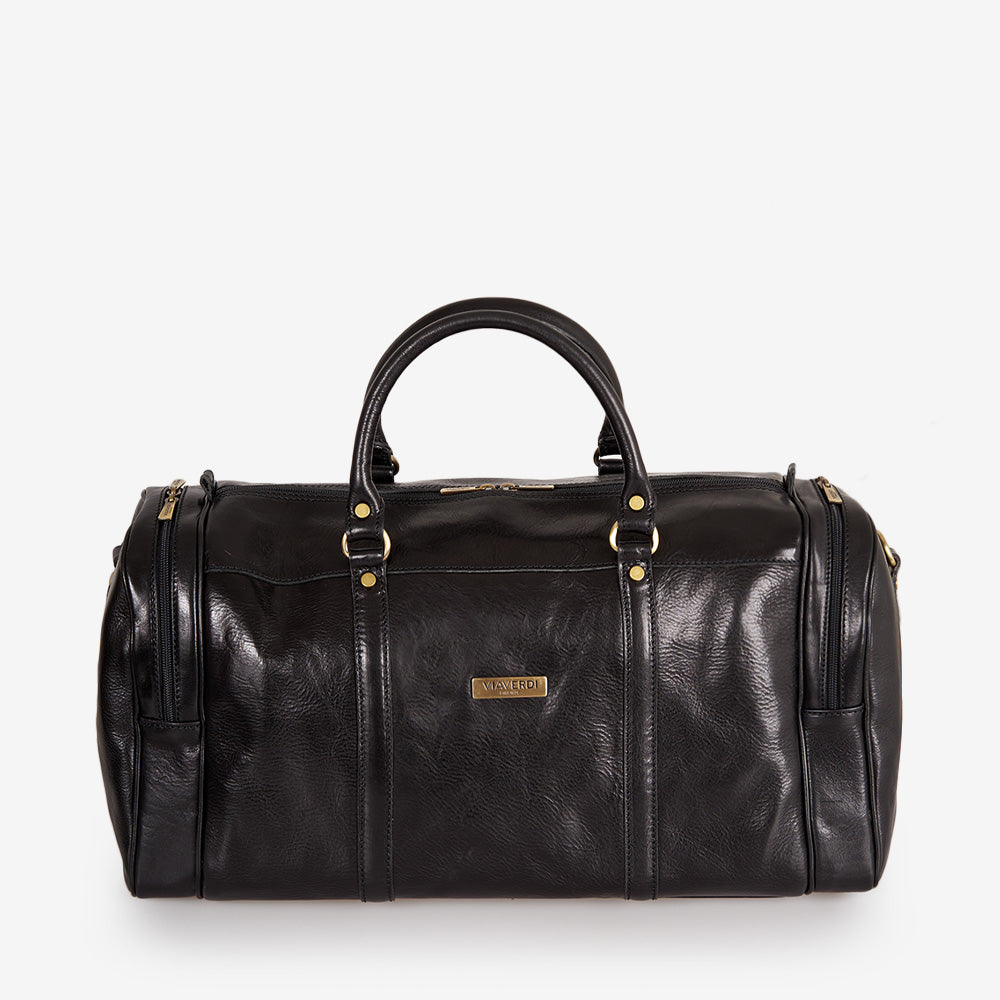 VIAVERDI Black Leather Duffle Bag Made in Italy 