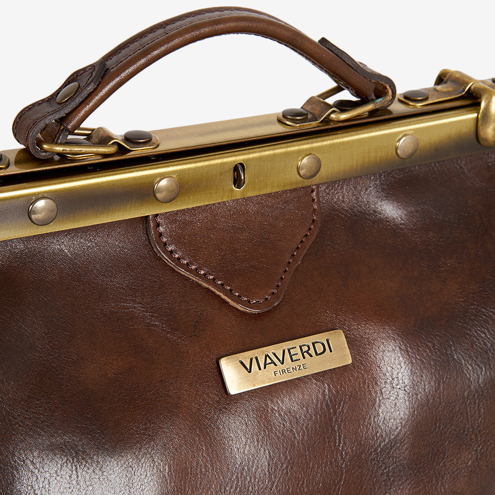VIAVERDI Medium Dark Brown Leather Doctor Bag Made in Italy