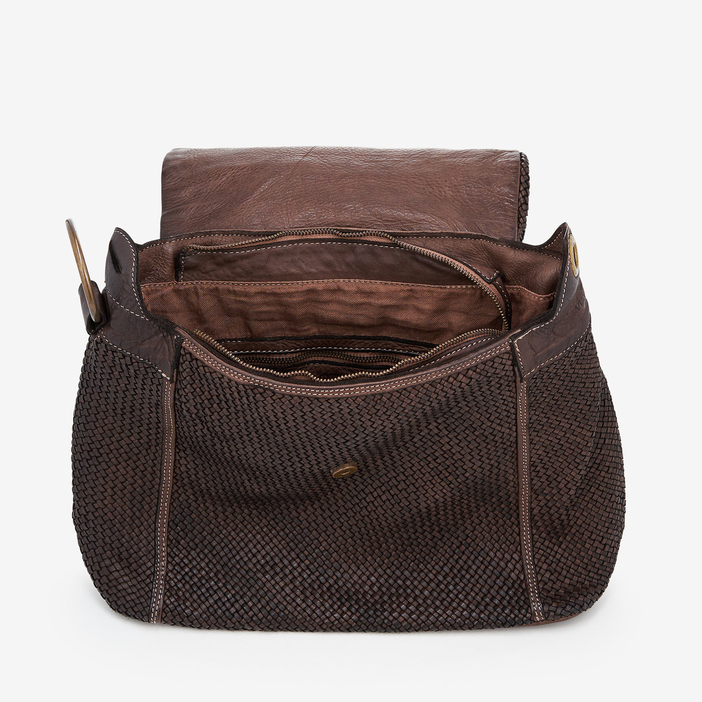 VIAVERDI Dark Brown Intrecciato Leather Shoulder Bag Made in Italy 
