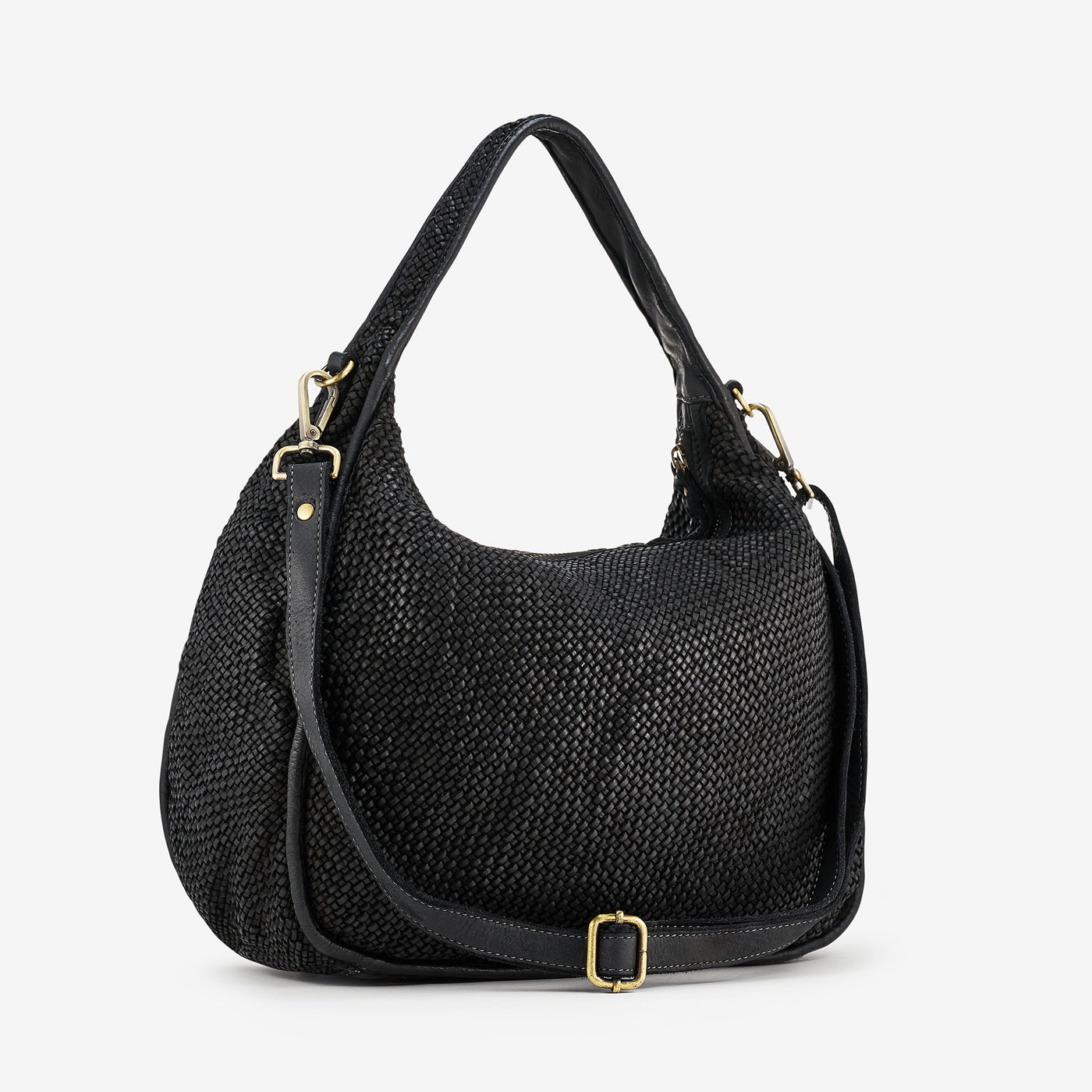 VIAVERDI Black Intrecciato Leather Shoulder Bag Made in Italy 