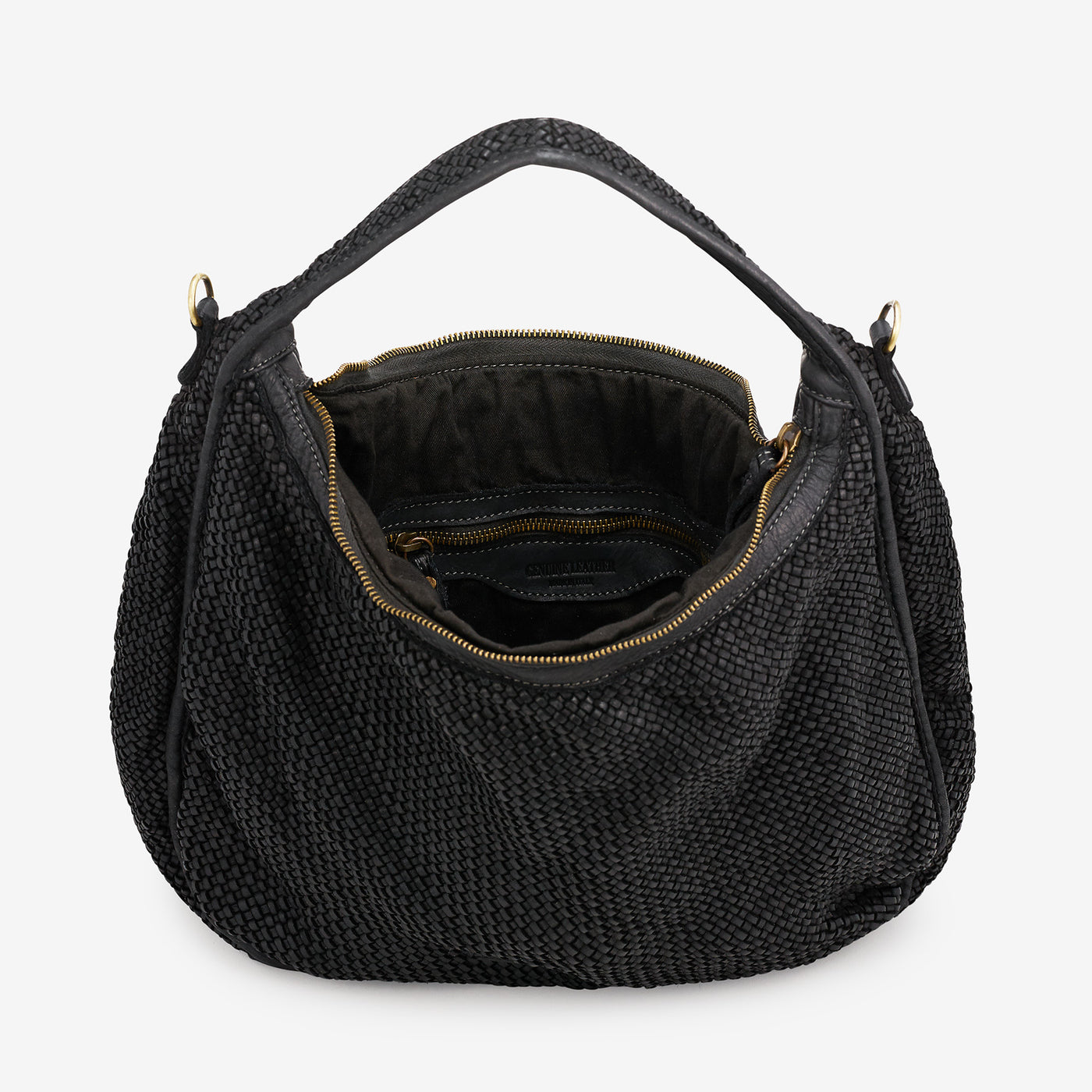 VIAVERDI Black Intrecciato Leather Shoulder Bag Made in Italy 