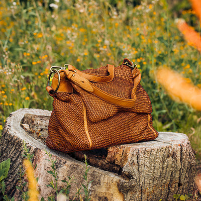 VIAVERDI Dark Brown Intrecciato Leather Shoulder Bag Made in Italy 