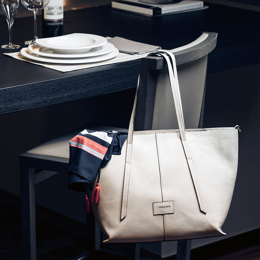 VIAVERDI Ivory Leather Tote Bag Made in Italy 